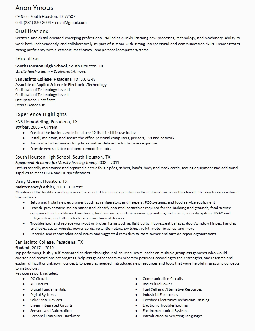 Entry Level It Technician Resume Sample Entry Level Electronics Technician Looking for Advice On First Draft Of