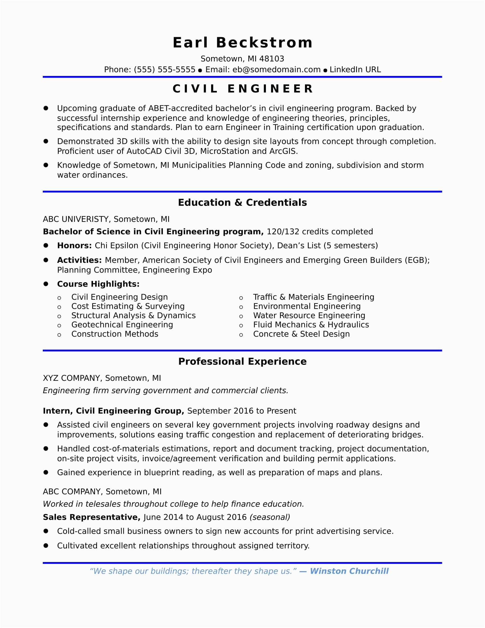 Entry Level Job Functional Resume Samples Sample Resume for An Entry Level Civil Engineer