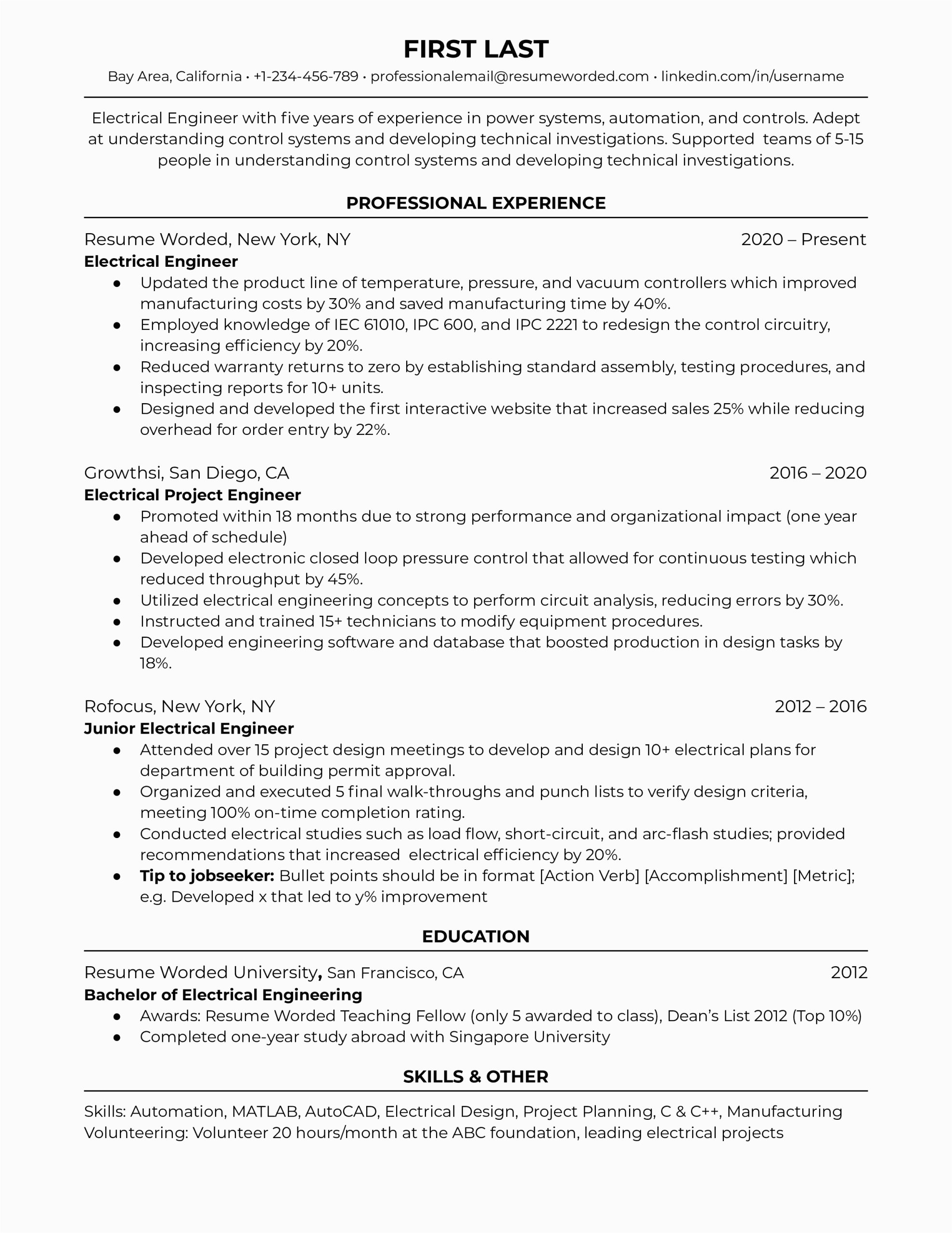 Experience Resume Sample for Electrical Engineer 5 Electrical Engineer Resume Examples for 2022