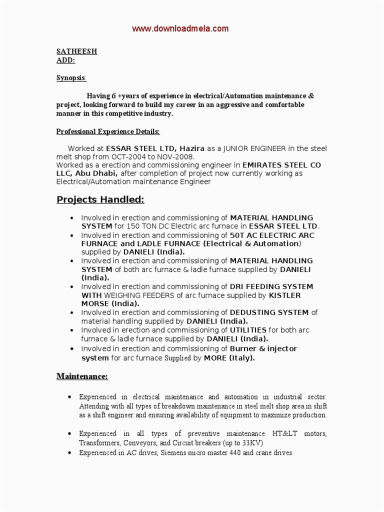 Experience Resume Sample for Electrical Engineer Downloadmela Electrical Engineer 6 Years Experience Sample Resume