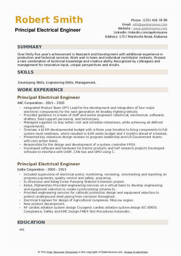 Experience Resume Sample for Electrical Engineer Principal Electrical Engineer Resume Samples