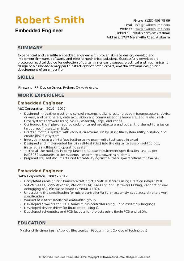 Experience Resume Sample for Embedded Engineer Embedded Engineer Resume Samples