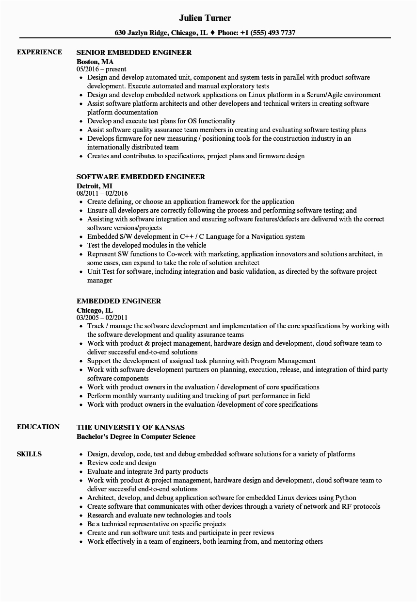 Experience Resume Sample for Embedded Engineer Embedded Engineer Resume Samples