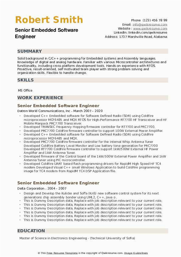Experience Resume Sample for Embedded Engineer Senior Embedded software Engineer Resume Samples