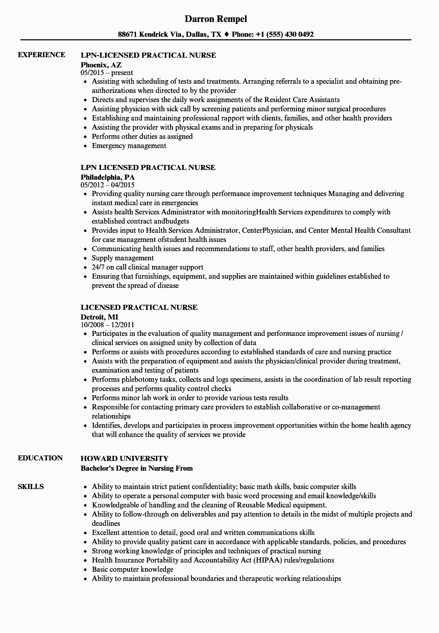 Experienced Licensed Practical Nurse Sample Resume Resume Templates for Licensed Practical Nurse