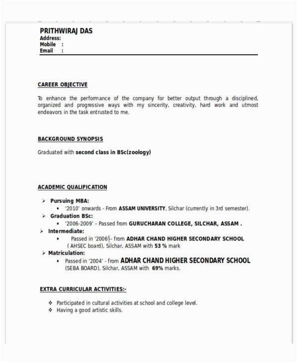Free Resume Samples for Mba Hr Freshers 10 Hr Fresher Resume Template Free Word Pdf format Download