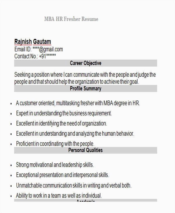 Free Resume Samples for Mba Hr Freshers Free 42 Professional Fresher Resume Templates In Pdf