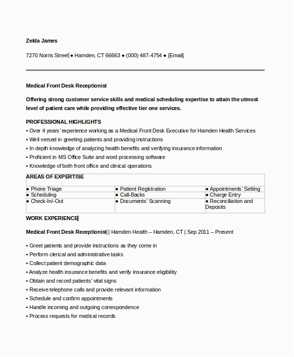 Free Resume Samples for Medical Receptionist Free 6 Sample Medical Receptionist Resume Templates In Ms Word