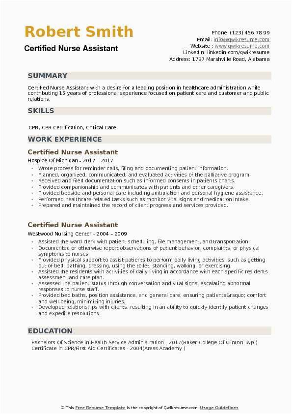 Free Resume Samples for Nursing assistant Certified Nurse assistant Resume Samples