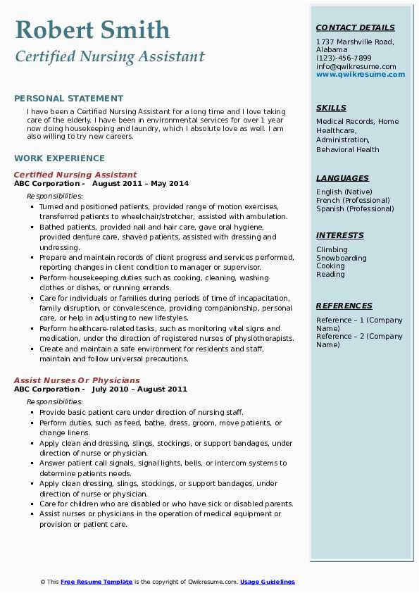 Free Resume Samples for Nursing assistant Certified Nursing assistant Resume Samples