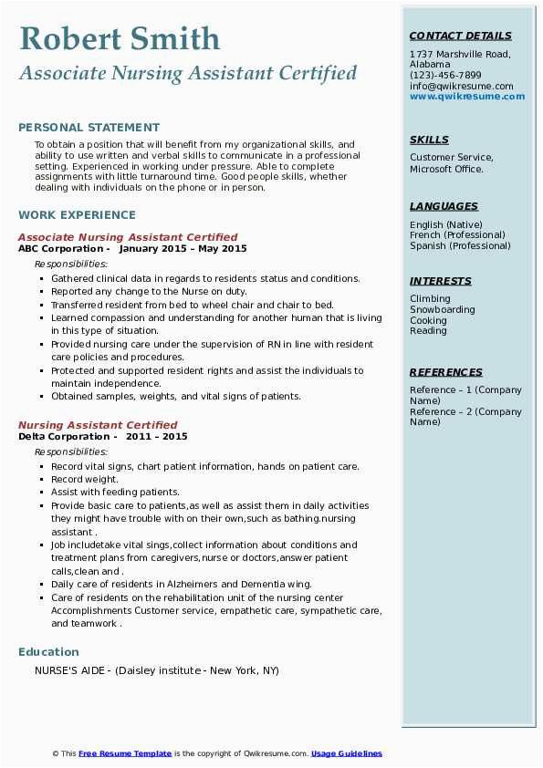 Free Resume Samples for Nursing assistant Nursing assistant Certified Resume Samples