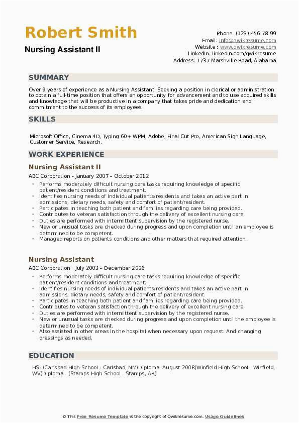 Free Resume Samples for Nursing assistant Nursing assistant Resume Samples