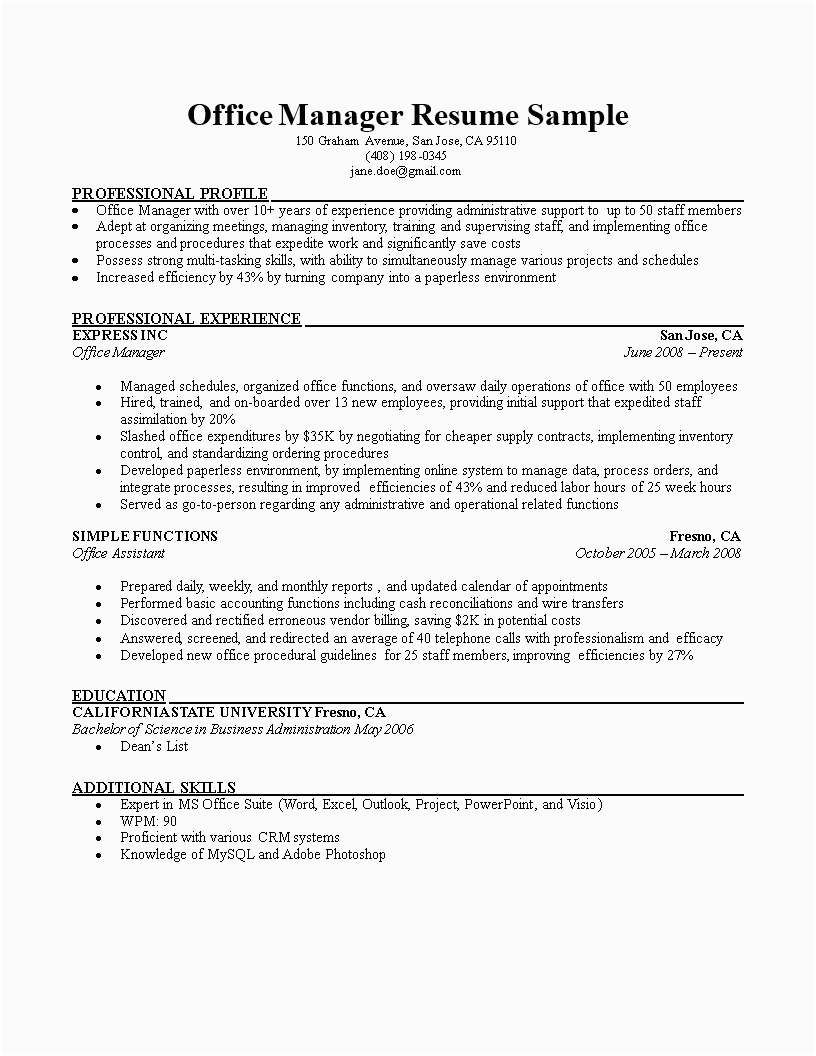Free Resume Samples for Office Manager Free Fice Manager Cv
