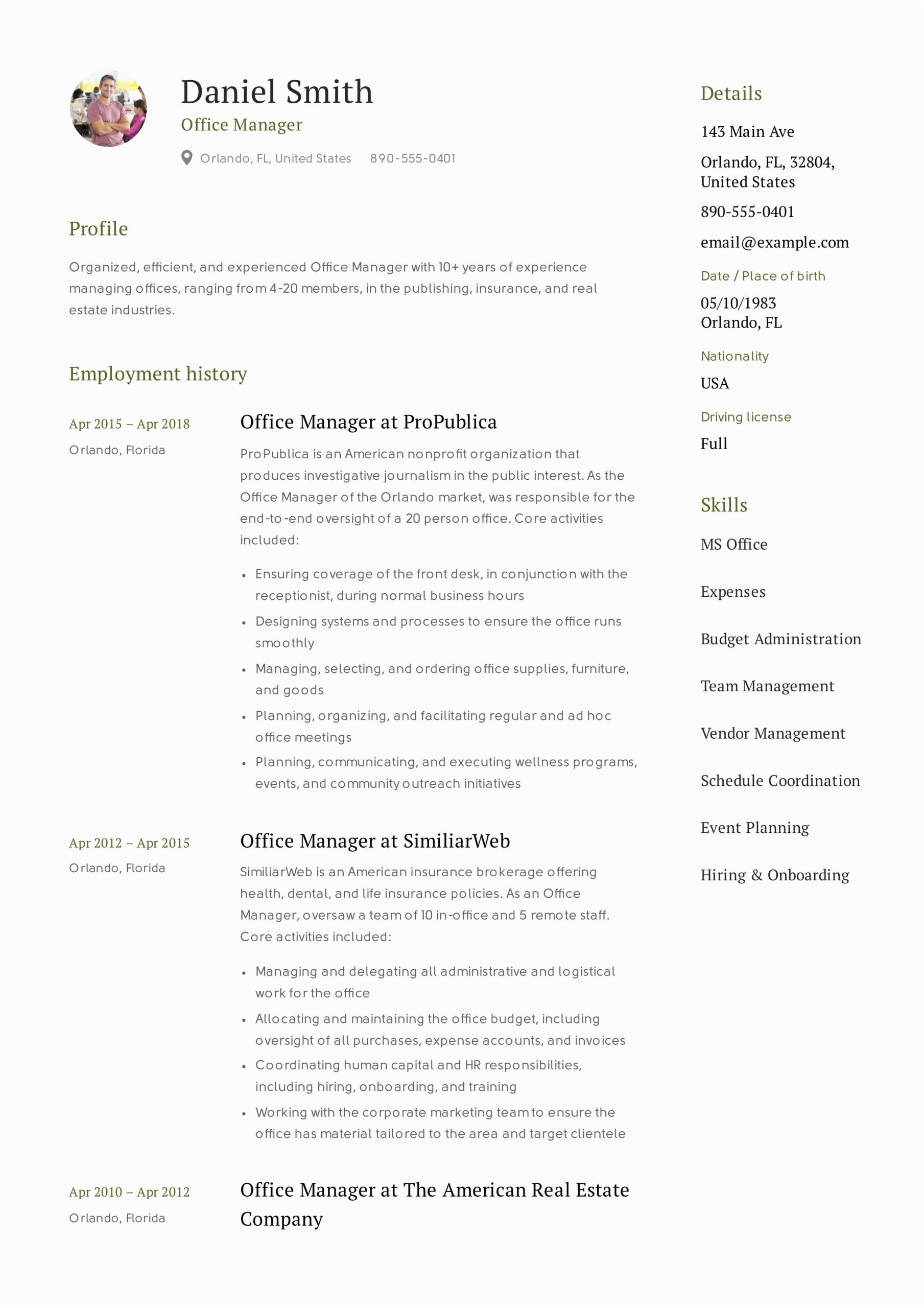 Free Resume Samples for Office Manager Free Fice Manager Resume Sample Template Example Cv formal
