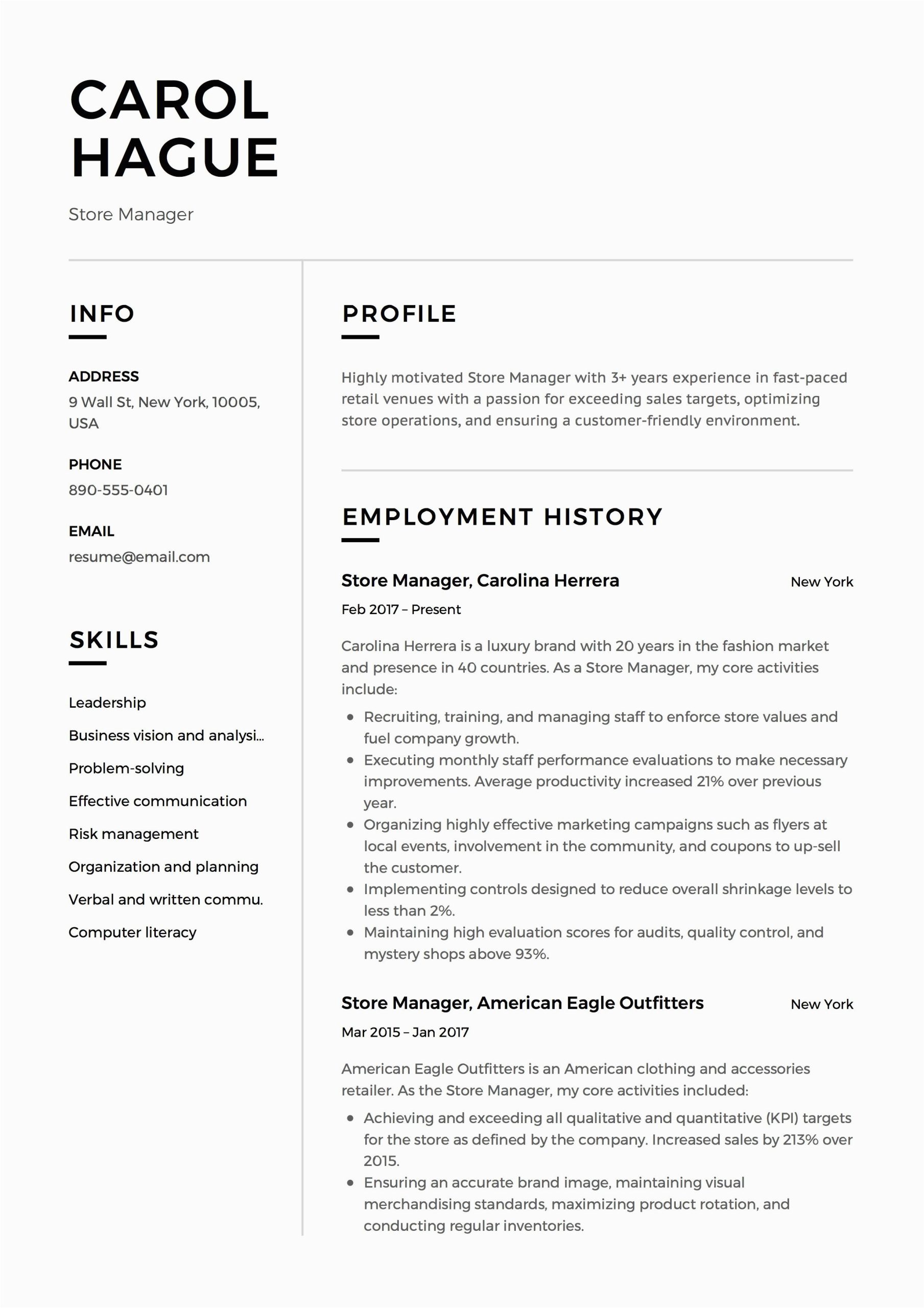 Free Resume Samples for Retail Management Store Manager Resume Sample Template Example Cv formal Design