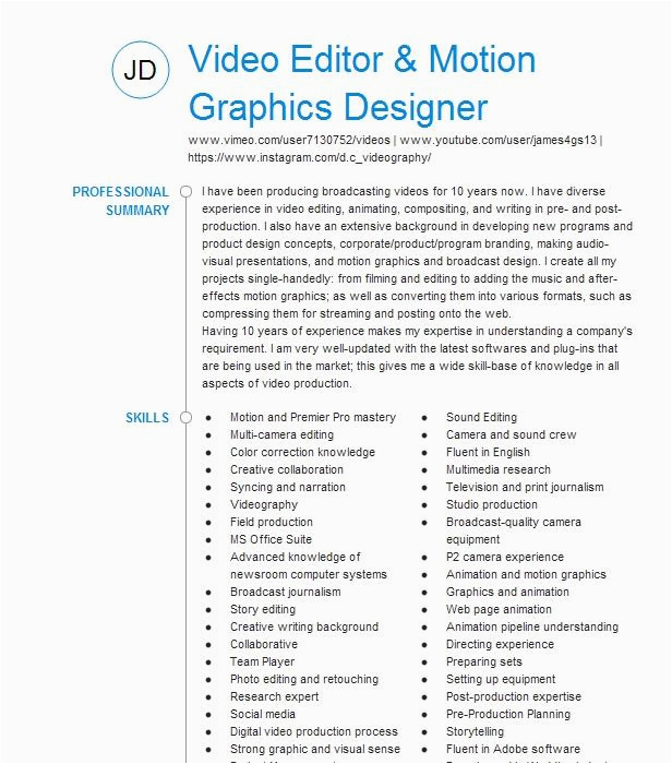 Freelance Video Editor and Motion Graphic Designer Resume Samples Freelance Video Editor Motion Graphics Resume Example Cramer