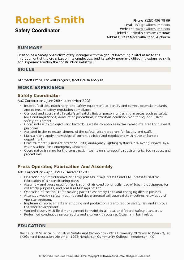 Health and Safety Coordinator Resume Samples Safety Coordinator Resume Samples