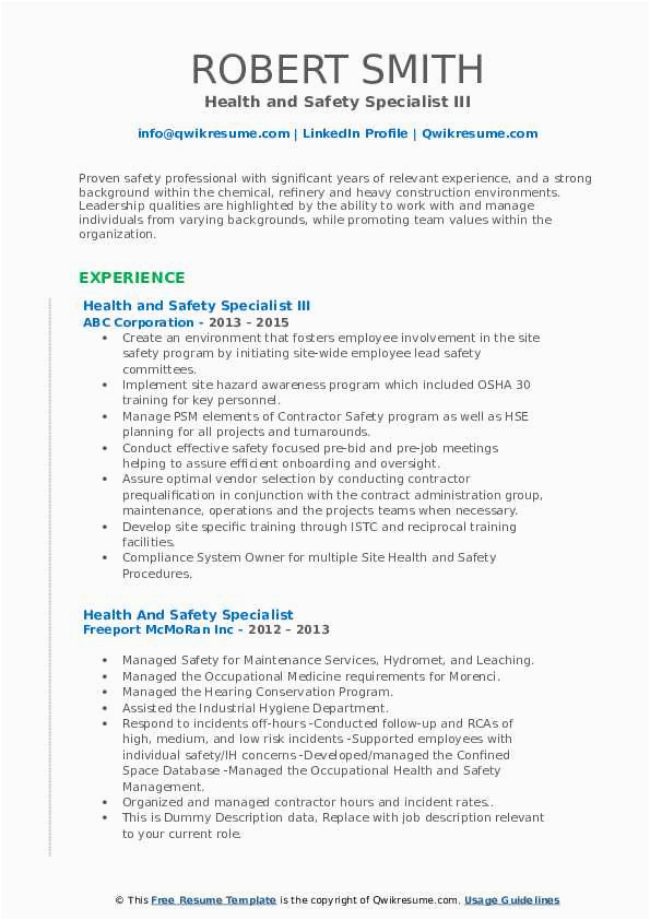 Health and Safety Specialist Resume Sample Health and Safety Specialist Resume Samples