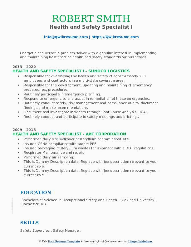 Health and Safety Specialist Resume Sample Health and Safety Specialist Resume Samples