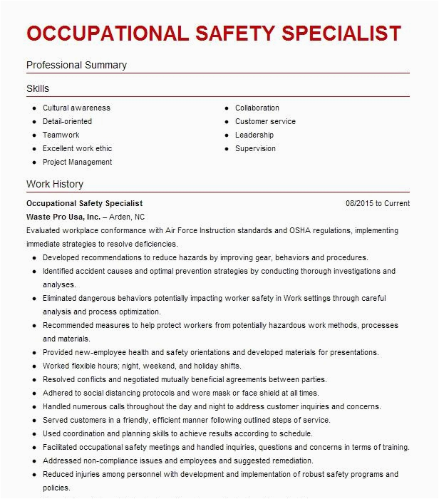Health and Safety Specialist Resume Sample Occupational Health and Safety Specialist Resume Example