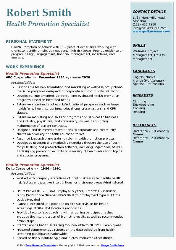 Health Fair Roles On Resume Sample Health Promotion Specialist Resume Samples