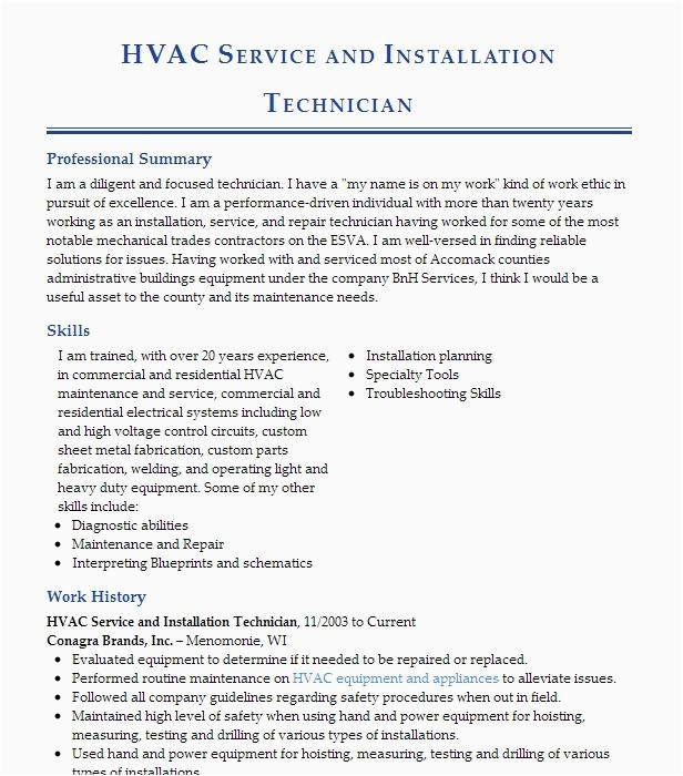 Hvac Helper Ac Installation Resume Sample Residential Hvac Service Technician Resume Example Mathews Air fort