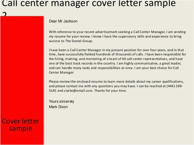 I Am Sending My Resume and Certifications Sample Letter Call Center Manager Cover Letter