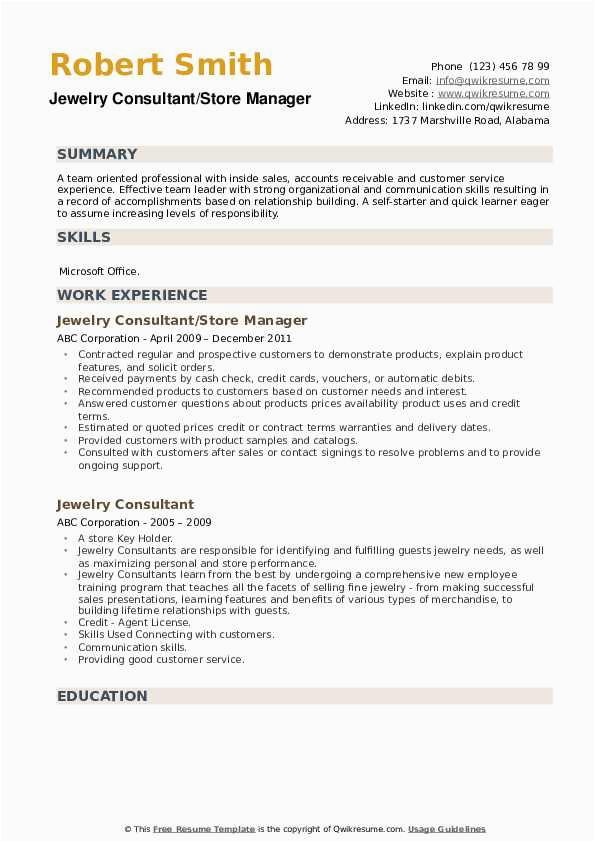 Jewelry Repair Shop Manager Resume Sample Jewelry Consultant Resume Samples