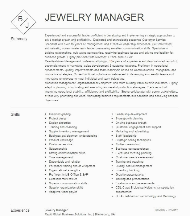 Jewelry Repair Shop Manager Resume Sample Jewelry Store Manager Resume Example Pany Name Rego Park New York