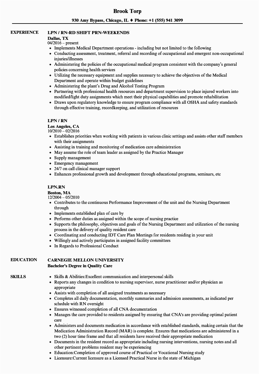 Licensed Practical Nurse Lpn Resume Sample Sample Resume for Lpns Mryn ism