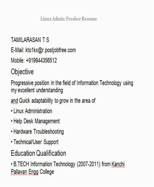 Linux Admin Resume Sample for Freshers 43 Professional Fresher Resumes