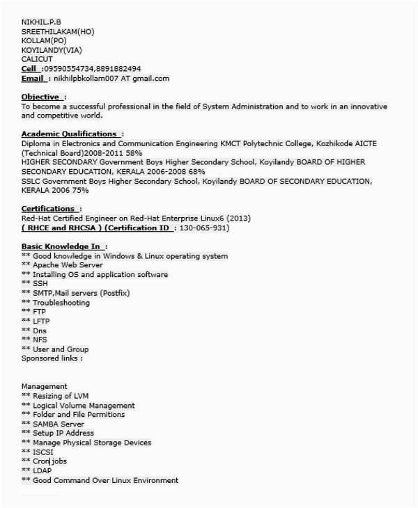 Linux Admin Resume Sample for Freshers Free 40 Fresher Resume Examples In Psd