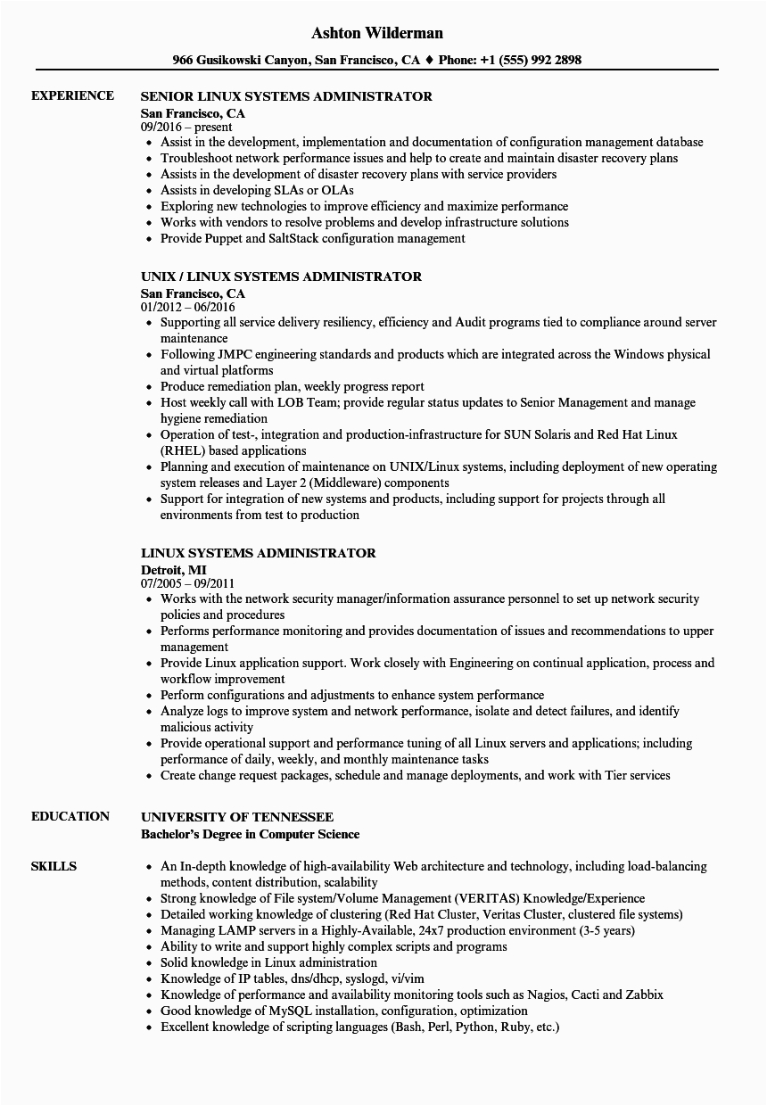 Linux System Administrator Sample Resume 2 Years Experience Linux Systems Administrator Resume Samples