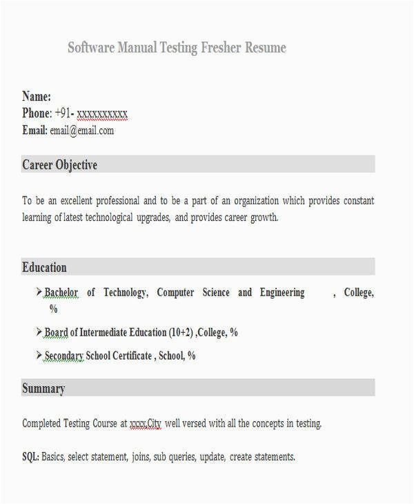 Manual software Testing Fresher Resume Samples 23 Modern Fresher Resume Templates