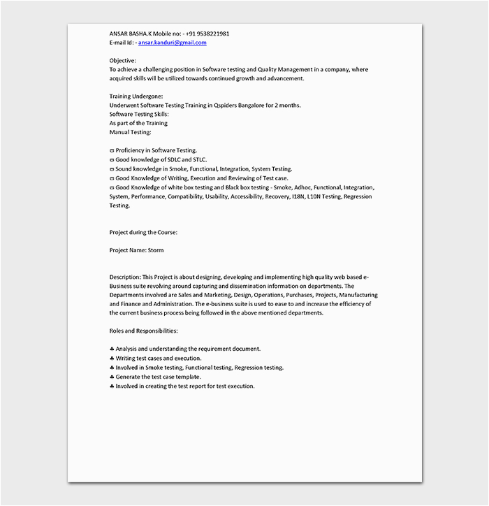 Manual software Testing Fresher Resume Samples Fresher Resume Template
