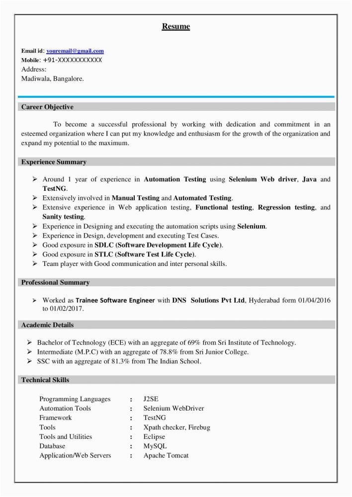 Manual Testing Sample Resume for Freshers 18 Manual Testing Resume Sample Free Resume Templates for 2021