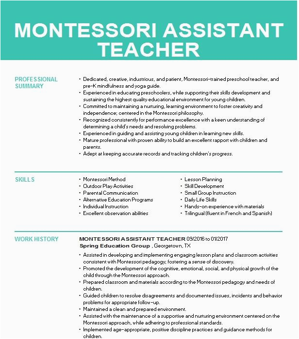 Montessori School assistant Teacher Resume Sample Montessori assistant Teacher Resume Example Spring Education Group