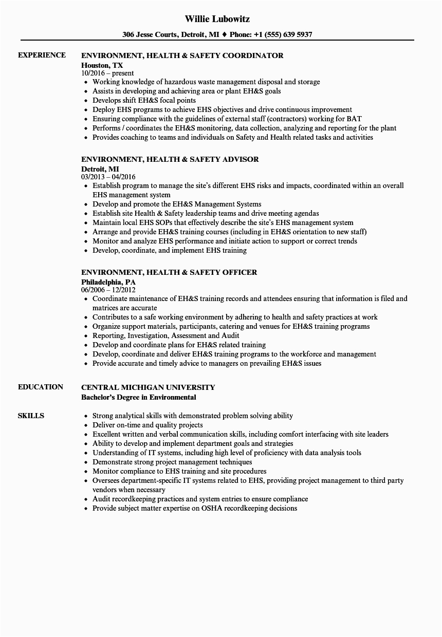 Occupational Health and Safety Resume Templates Ehs Specialist Cv November 2020