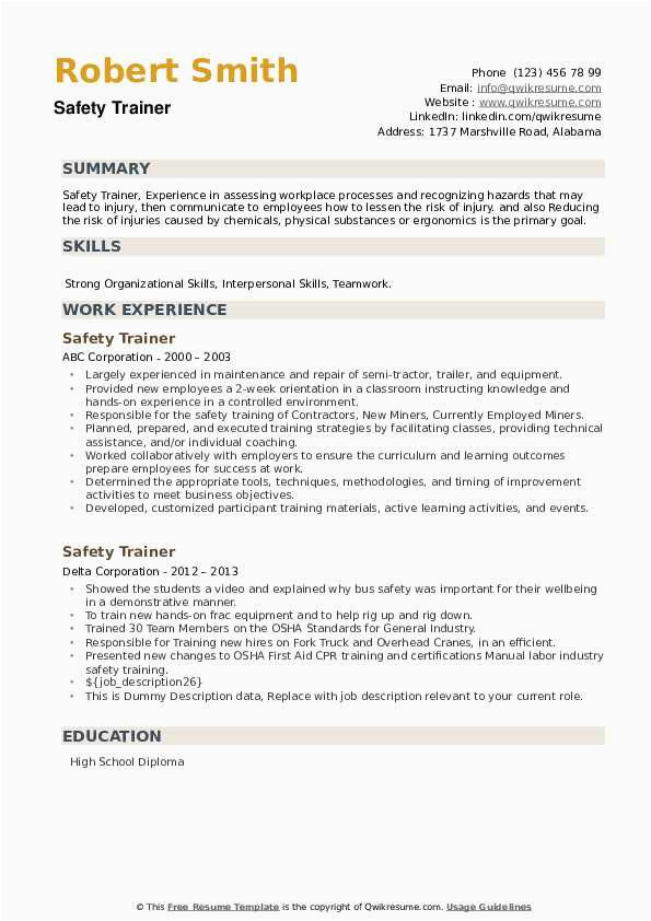 Occupational Health and Safety Resume Templates Safety Trainer Resume Samples