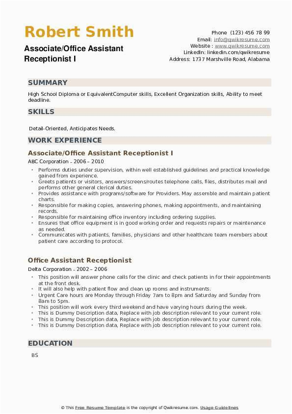 Office assistant and Receptionist Resume Objective Samples Fice assistant Receptionist Resume Samples