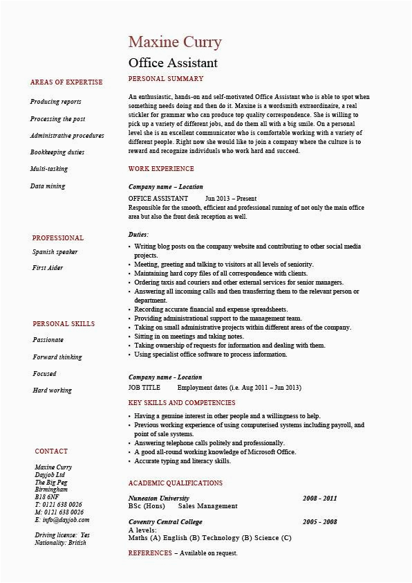 Office assistant Resume Job Summary Sample Fice assistant Resume Administration Example Sample References