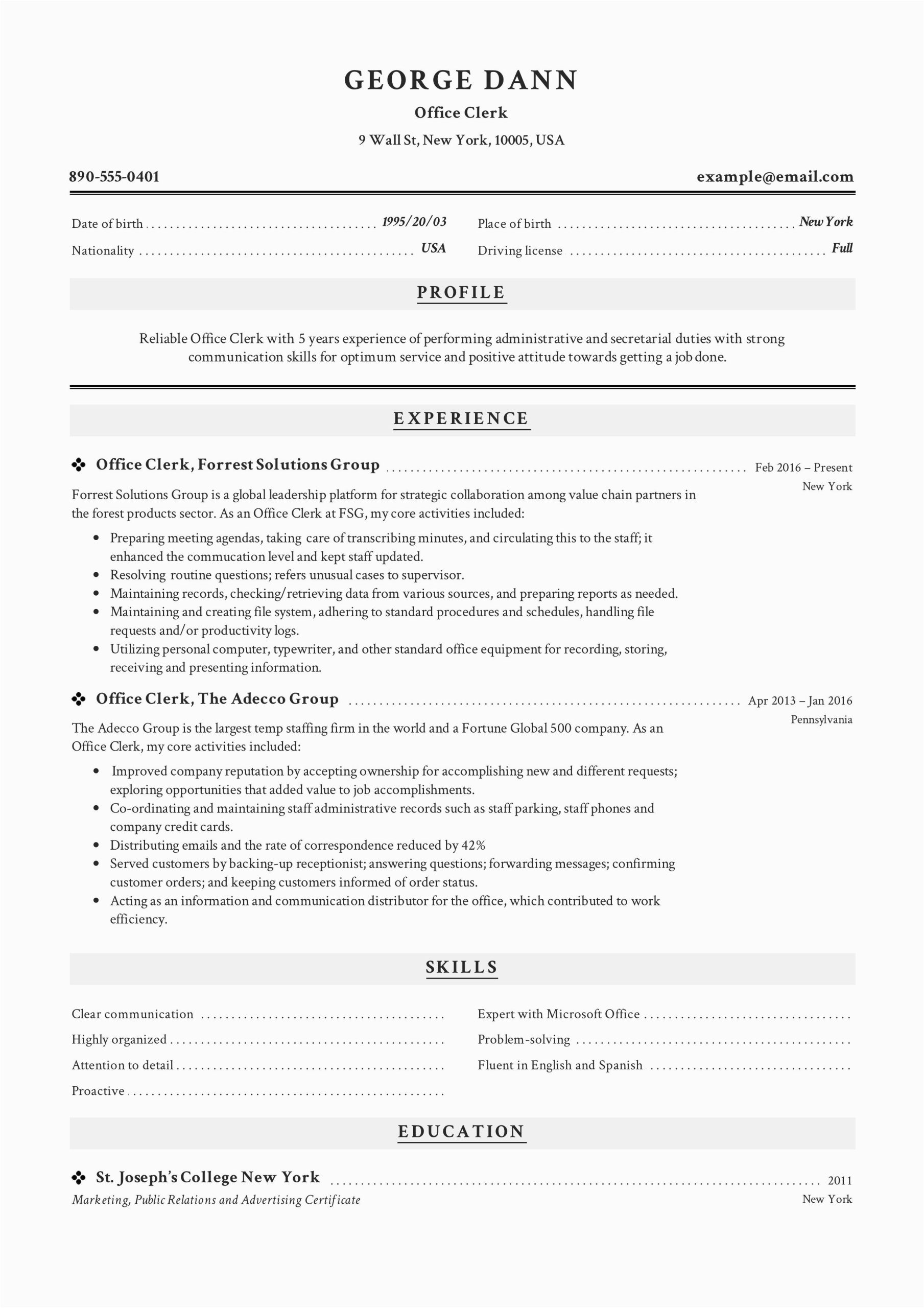 Office Clerk Job Description Resume Sample Fice Clerk Resume Example Template Sample Cv formal Design
