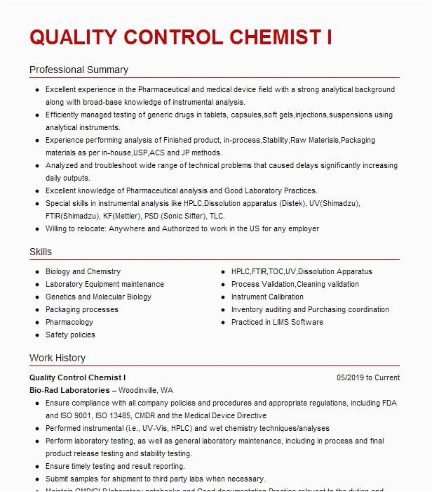 Pharmaceutical Resume Samples for Quality Control Quality Control Chemist Resume Example Mylan Pharmaceutical Englewood