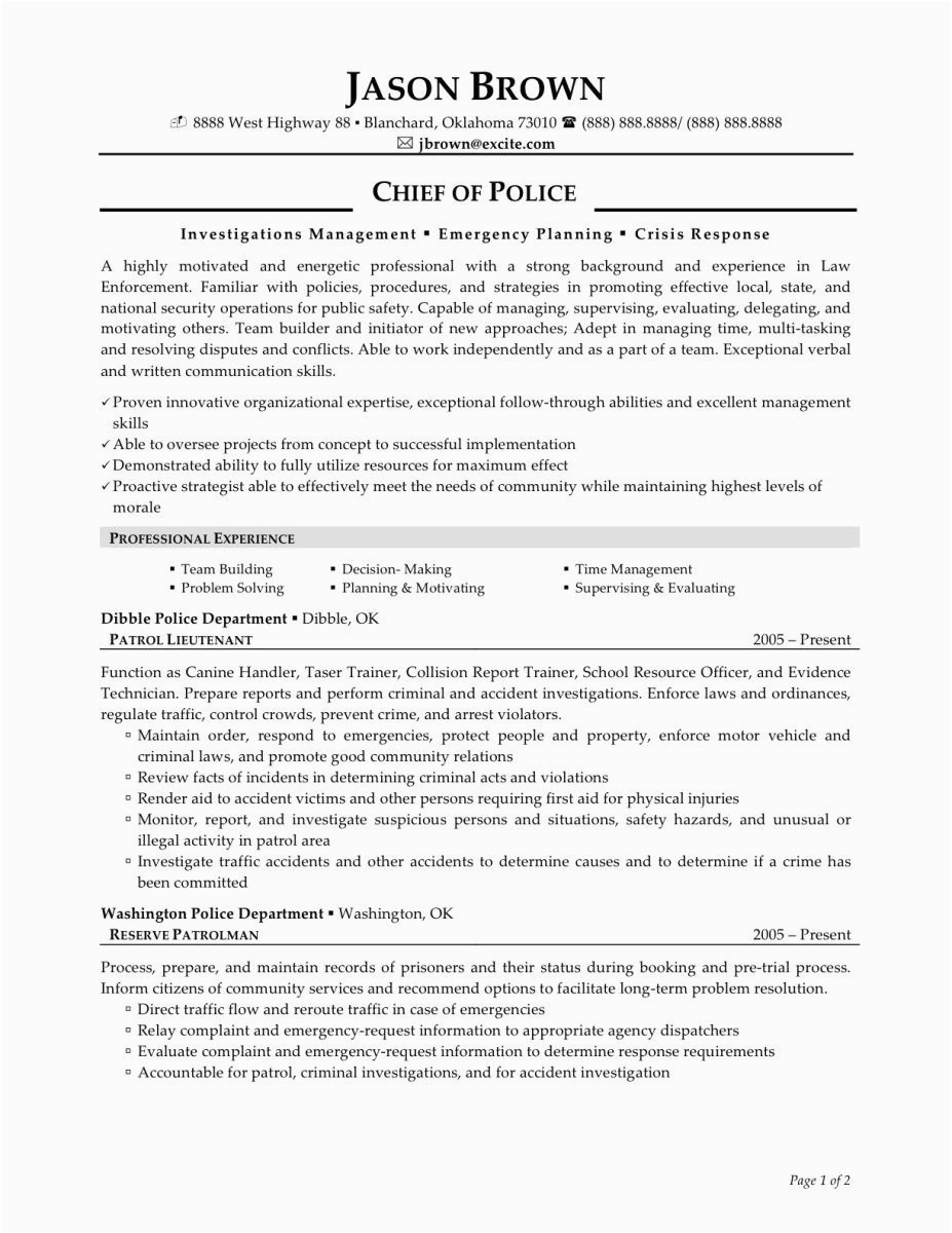 Police Officer Resume Objective Statement Samples Law Enforcement Skills for Resume Chief Police Officer Experience