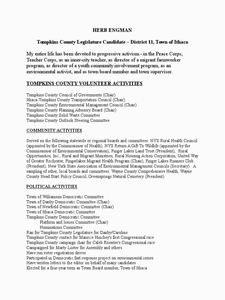 Political Candidate Resume Sample In English Herb Engman Political Resume Cornell University