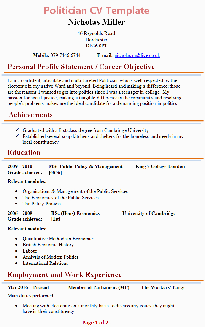 Political Candidate Resume Sample In English Politician Cv Template