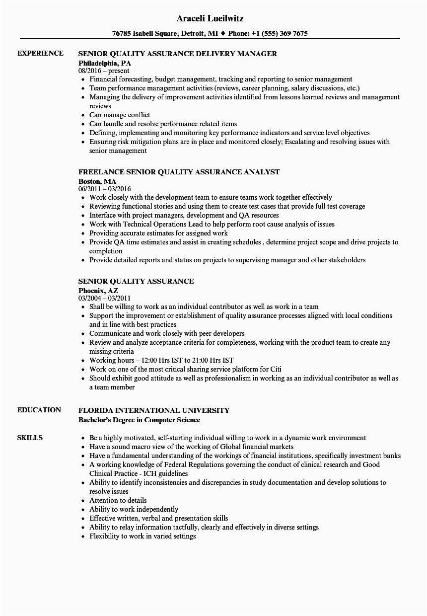 Quality assurance Resume Samples for Freshers Quality assurance Resume Example Beautiful Senior Quality assurance