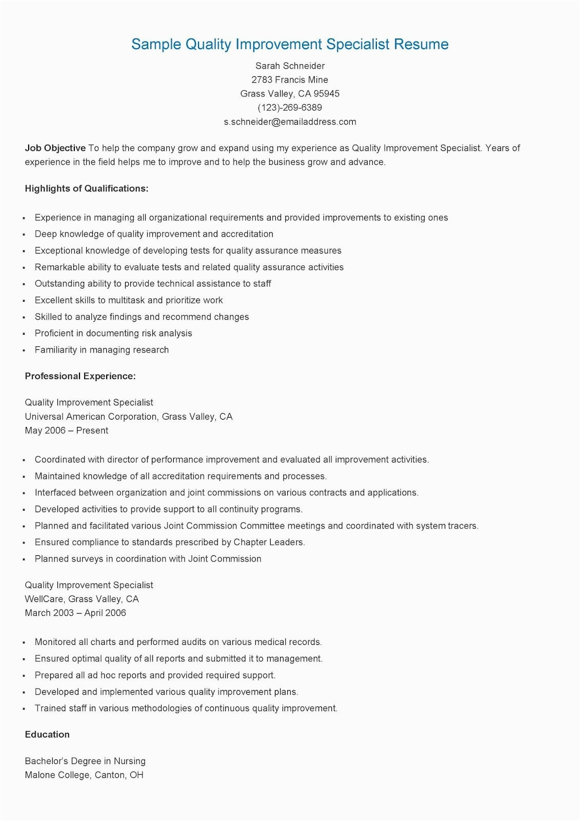 Quality assurance Technician Resume Sample No Experience Sample Quality Improvement Specialist Resume