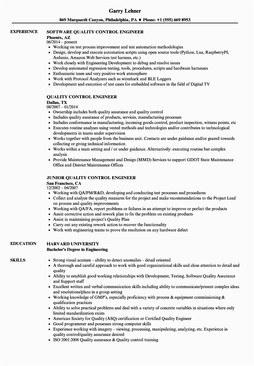 Quality Management In Automobile Industry Resume Sample Resume Example Automotive Quality Engineer