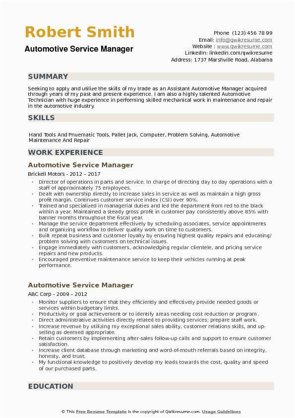 Quality Management In Automobile Industry Resume Sample Resume for Automotive Service Manager Automotive Customer Service